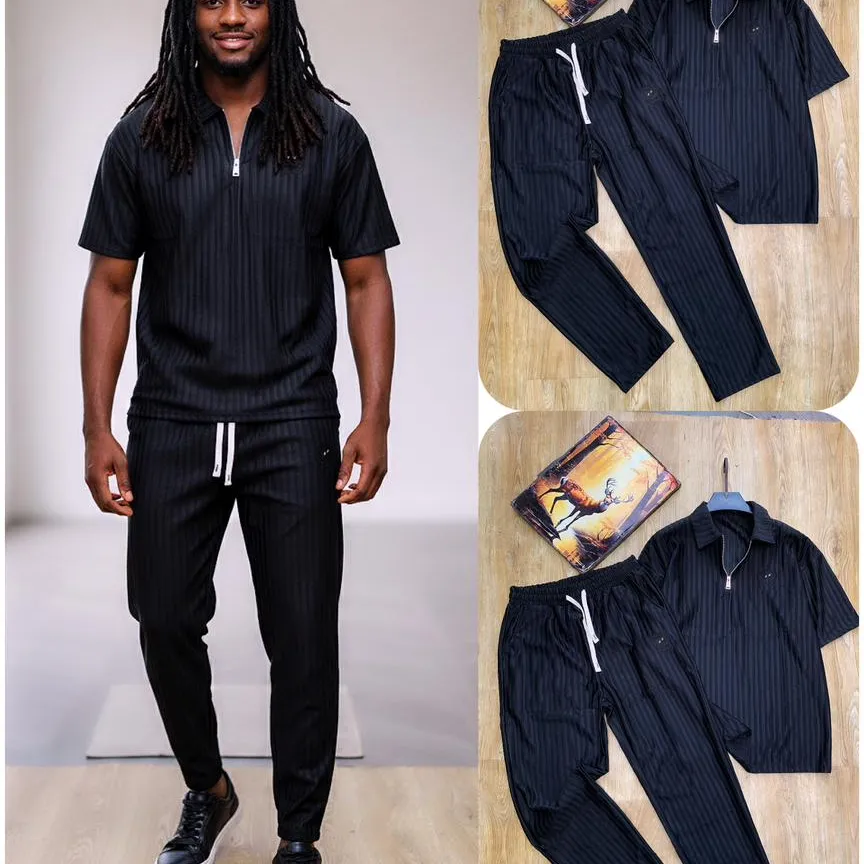 Men's 2-Piece Ribbed/Pleated Set or Textured Polo and Trousers Co-ord