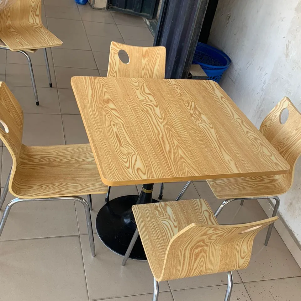 Modern Wood-Grain Dining Table Set with Chrome Chairs